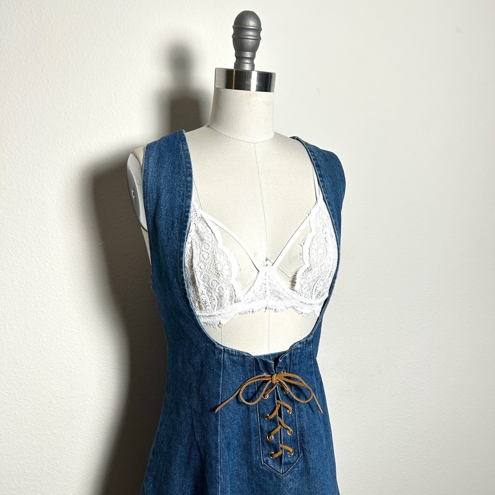 Vintage Blue Cotton Denim Lace Up Front Pinafore Jumper Dress Womens No Size Tag